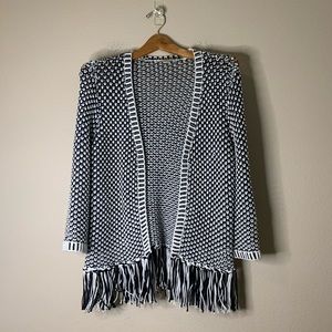 Chico’s Black and White Textured Knit Fringe Cardigan Sweater M